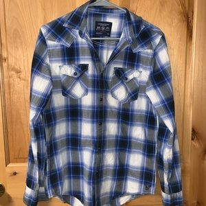 Blue white gray American Eagle button down snap
